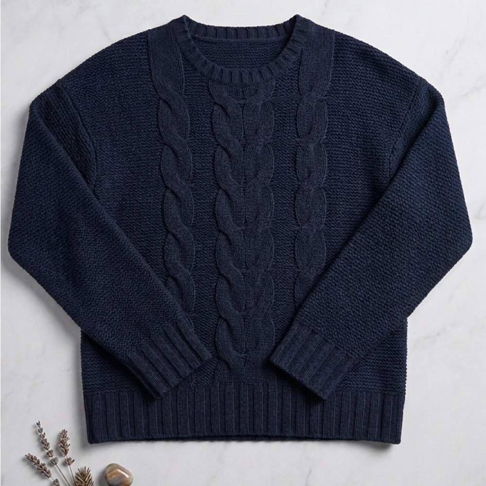 American Eagle Outfitters Navy Cable-Knit Crewneck Sweater
